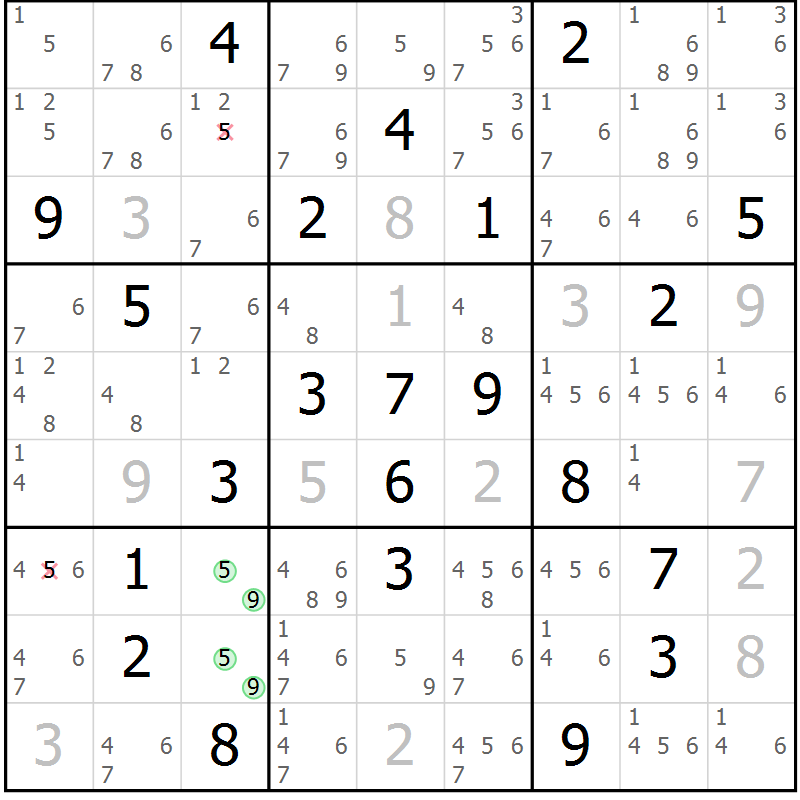 Position des candidats pour la solution de la Gr 9 page 12 du magazine de sudoku Virtuose n° 124
