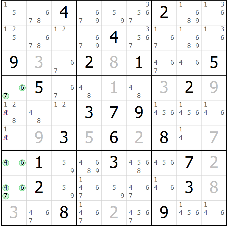 Position des candidats pour la solution de la Gr 9 page 12 du magazine de sudoku Virtuose n° 124