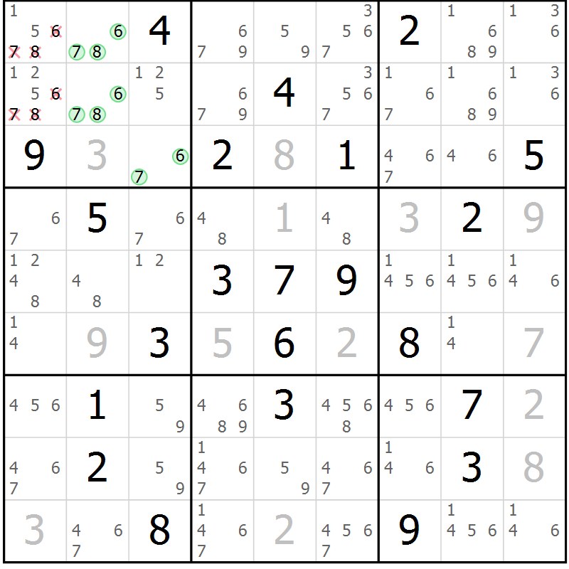 Position des candidats pour la solution de la Gr 9 page 12 du magazine de sudoku Virtuose n° 124