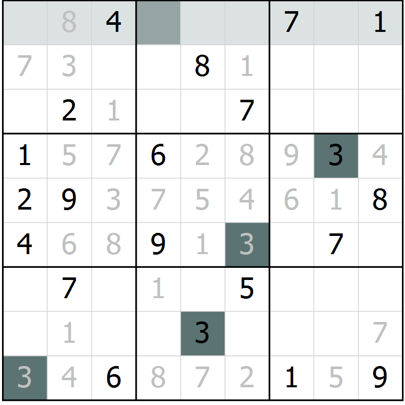 Position des candidats pour la solution de la Gr 1 page 4 du magazine de sudoku Virtuose n° 125