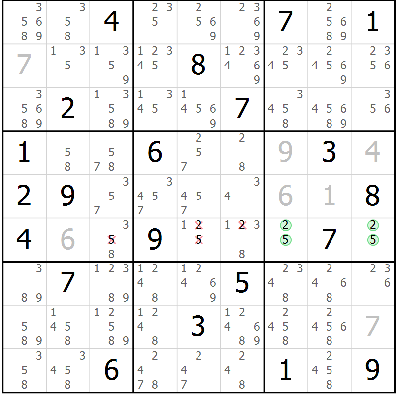 Position des candidats pour la solution de la Gr 1 page 4 du magazine de sudoku Virtuose n° 125