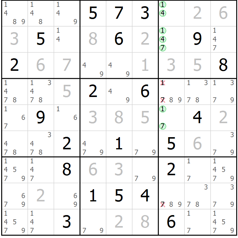 Position des candidats pour la solution de la Gr 10 page 13 du magazine de sudoku Virtuose n° 125