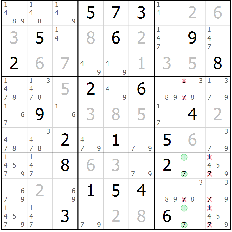 Position des candidats pour la solution de la Gr 10 page 13 du magazine de sudoku Virtuose n° 125