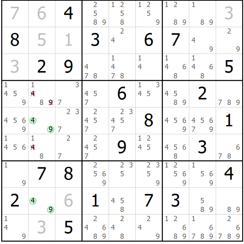 Position des candidats pour la solution de la Gr 11 page 14 du magazine de sudoku Virtuose n° 125