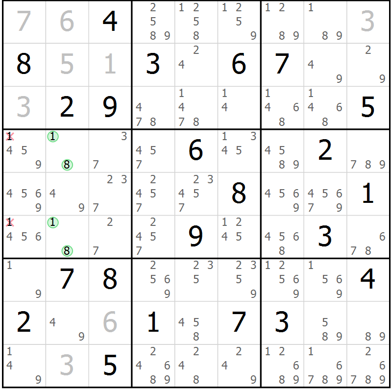Position des candidats pour la solution de la Gr 11 page 14 du magazine de sudoku Virtuose n° 125