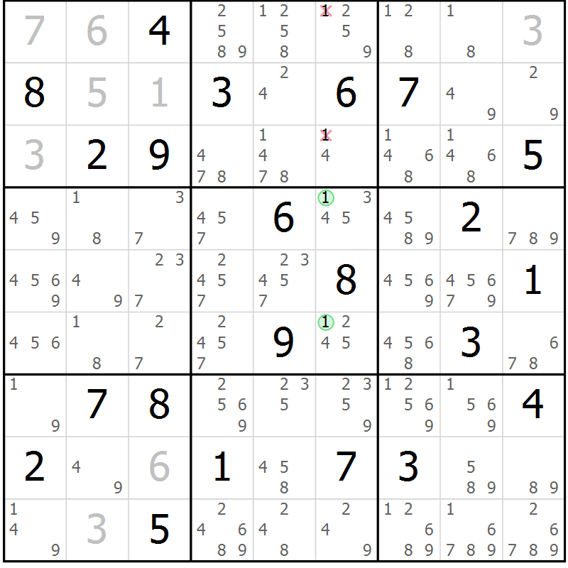 Position des candidats pour la solution de la Gr 11 page 14 du magazine de sudoku Virtuose n° 125