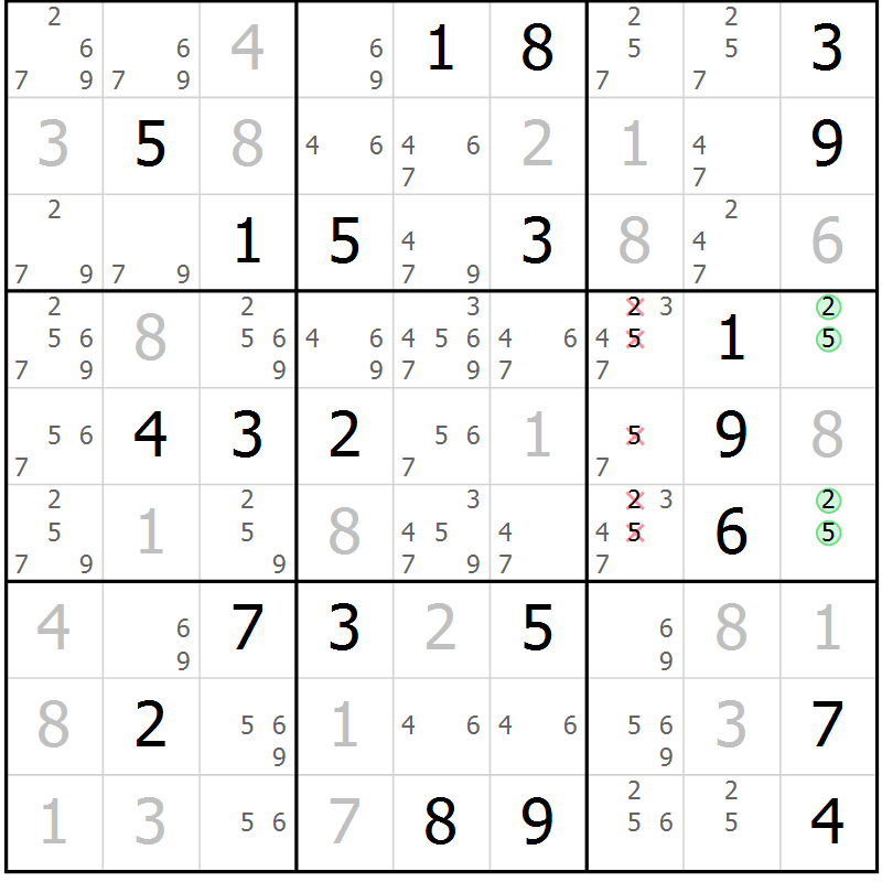 Position des candidats pour la solution de la Gr 12 page 15 du magazine de sudoku Virtuose n° 125