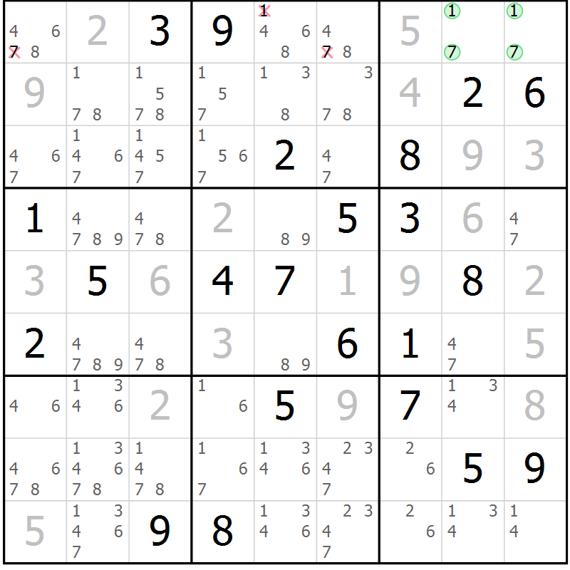 Position des candidats pour la solution de la Gr 13 page 16 du magazine de sudoku Virtuose n° 125