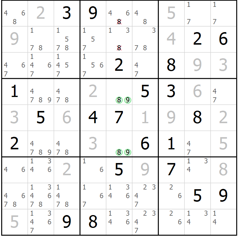 Position des candidats pour la solution de la Gr 13 page 16 du magazine de sudoku Virtuose n° 125