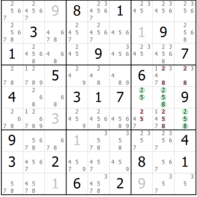 Position des candidats pour la solution de la Gr 14 page 17 du magazine de sudoku Virtuose n° 125