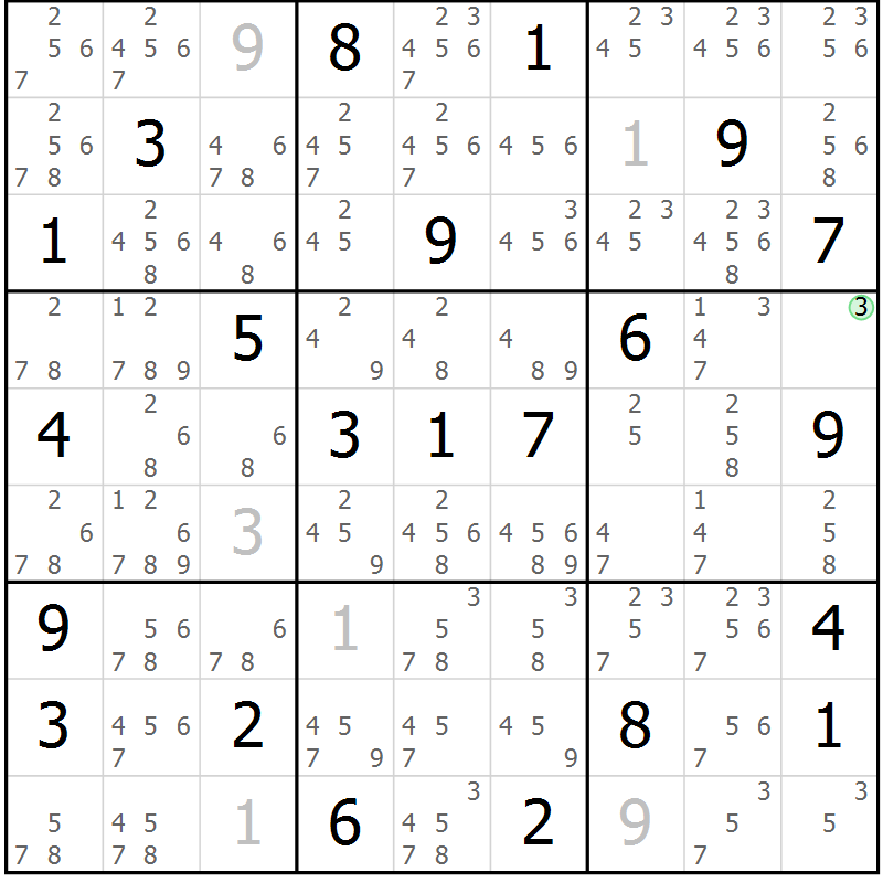 Position des candidats pour la solution de la Gr 14 page 17 du magazine de sudoku Virtuose n° 125