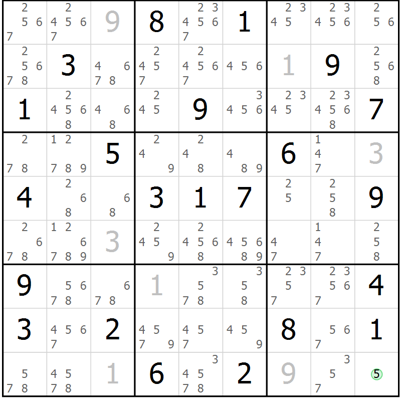 Position des candidats pour la solution de la Gr 14 page 17 du magazine de sudoku Virtuose n° 125