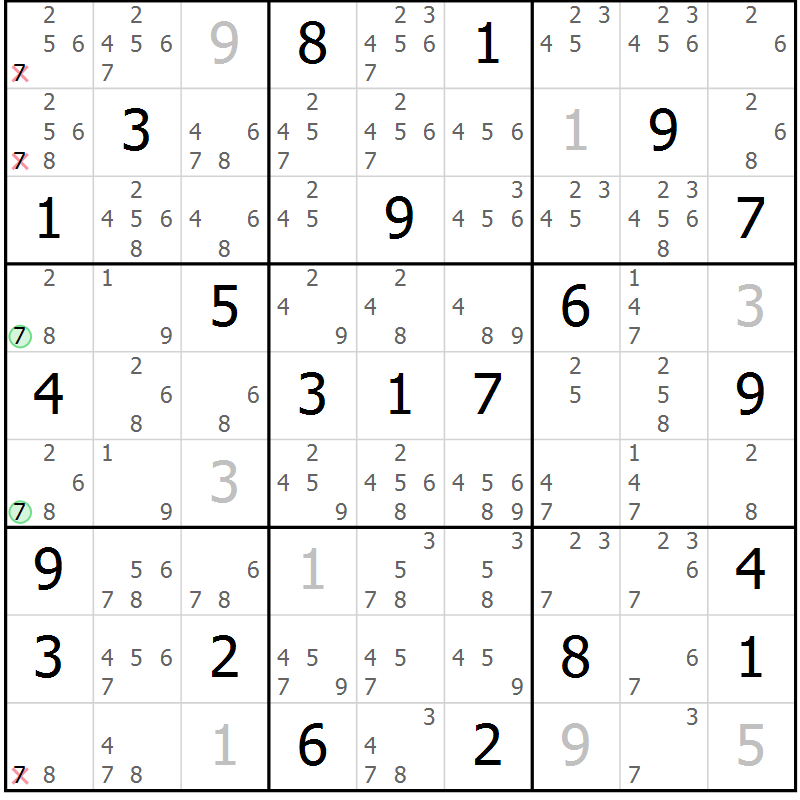 Position des candidats pour la solution de la Gr 14 page 17 du magazine de sudoku Virtuose n° 125