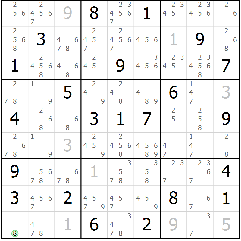 Position des candidats pour la solution de la Gr 14 page 17 du magazine de sudoku Virtuose n° 125