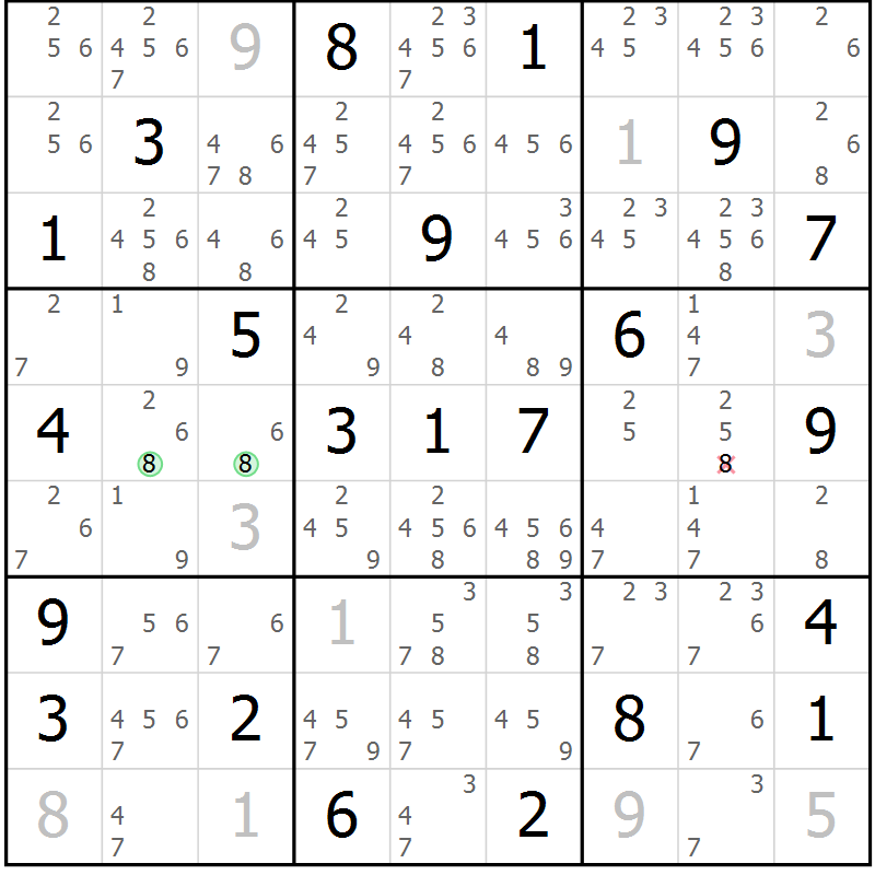Position des candidats pour la solution de la Gr 14 page 17 du magazine de sudoku Virtuose n° 125