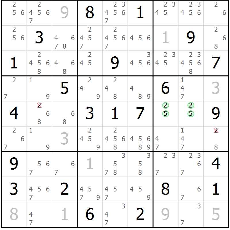 Position des candidats pour la solution de la Gr 14 page 17 du magazine de sudoku Virtuose n° 125