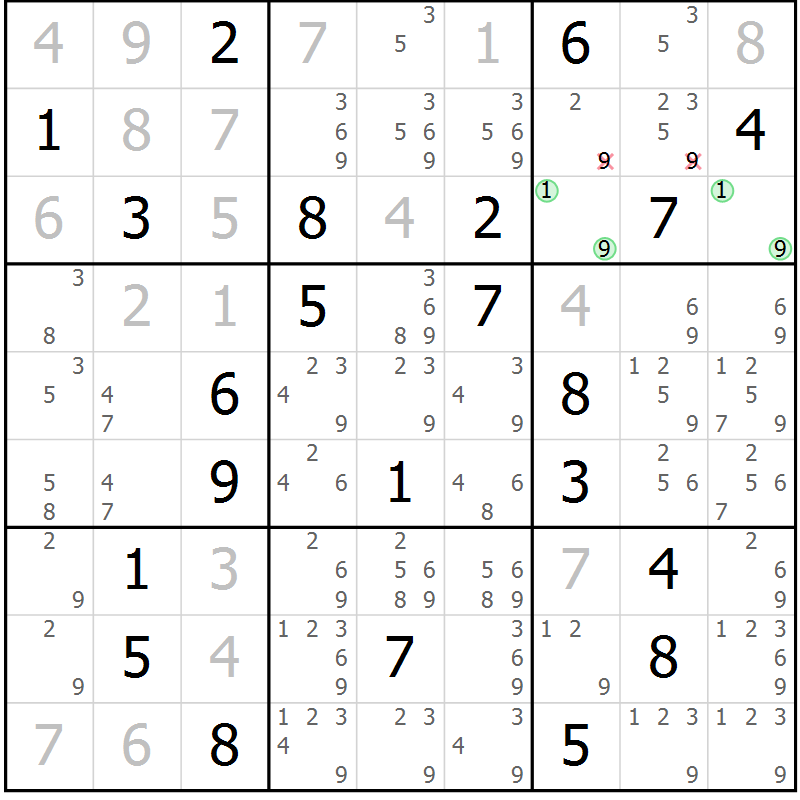 Position des candidats pour la solution de la Gr 15 page 18 du magazine de sudoku Virtuose n° 125