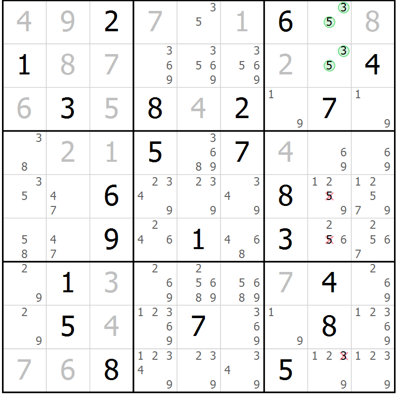 Position des candidats pour la solution de la Gr 15 page 18 du magazine de sudoku Virtuose n° 125