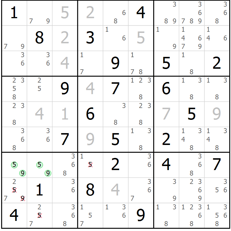 Position des candidats pour la solution de la Gr 17 page 20 du magazine de sudoku Virtuose n° 125