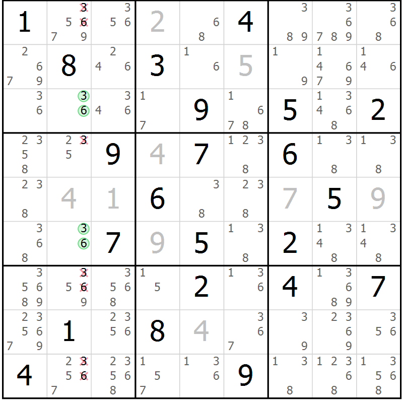 Position des candidats pour la solution de la Gr 17 page 20 du magazine de sudoku Virtuose n° 125