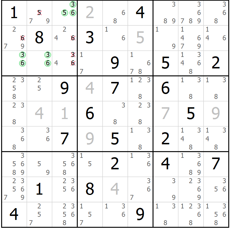 Position des candidats pour la solution de la Gr 17 page 20 du magazine de sudoku Virtuose n° 125