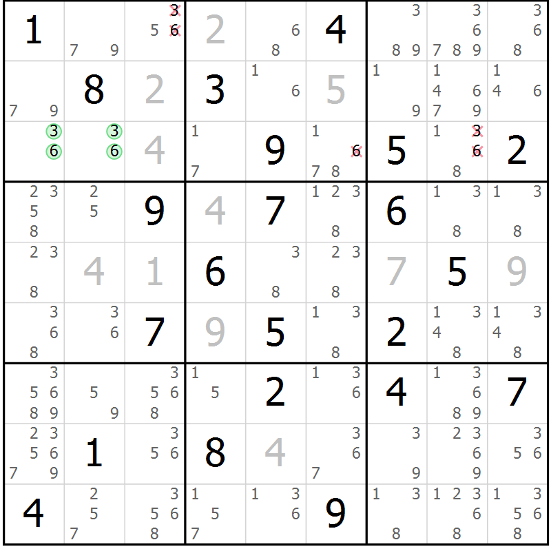 Position des candidats pour la solution de la Gr 17 page 20 du magazine de sudoku Virtuose n° 125