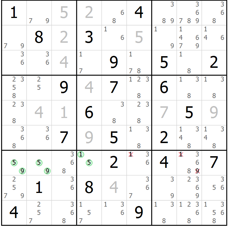 Position des candidats pour la solution de la Gr 17 page 20 du magazine de sudoku Virtuose n° 125