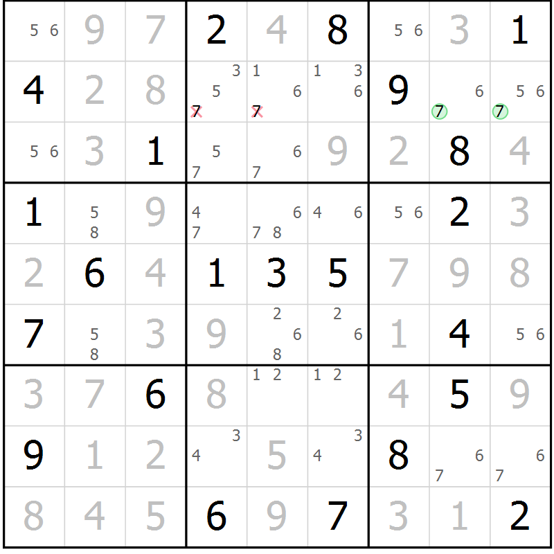 Position des candidats pour la solution de la Gr 18 page 21 du magazine de sudoku Virtuose n° 125