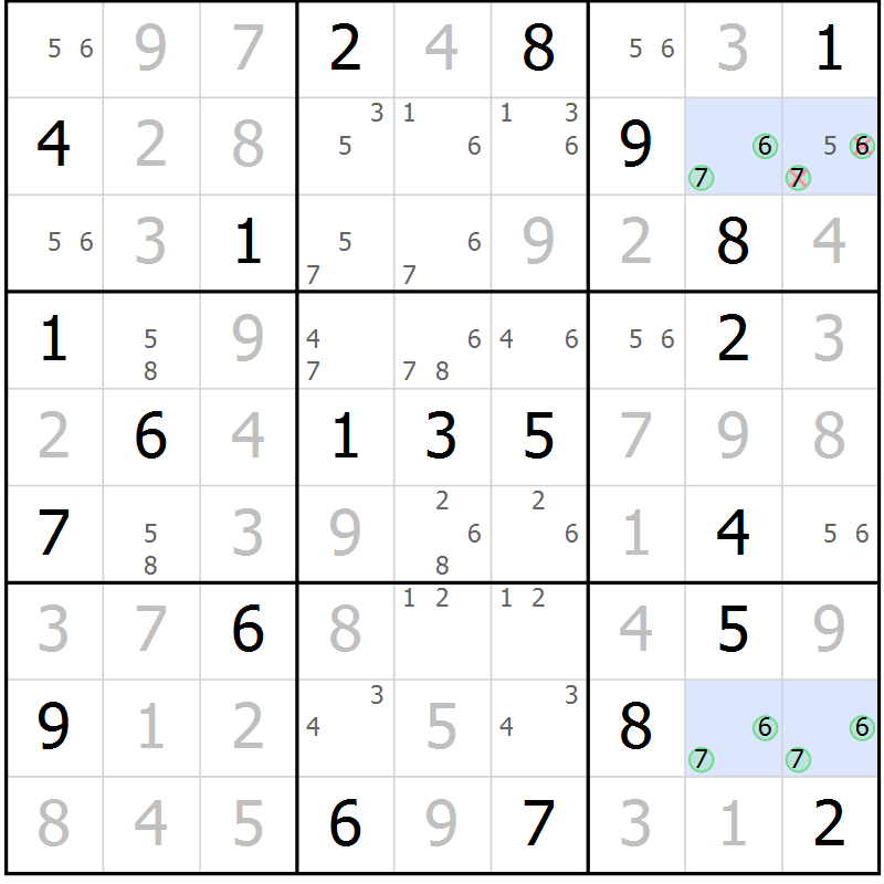 Position des candidats pour la solution de la Gr 18 page 21 du magazine de sudoku Virtuose n° 125