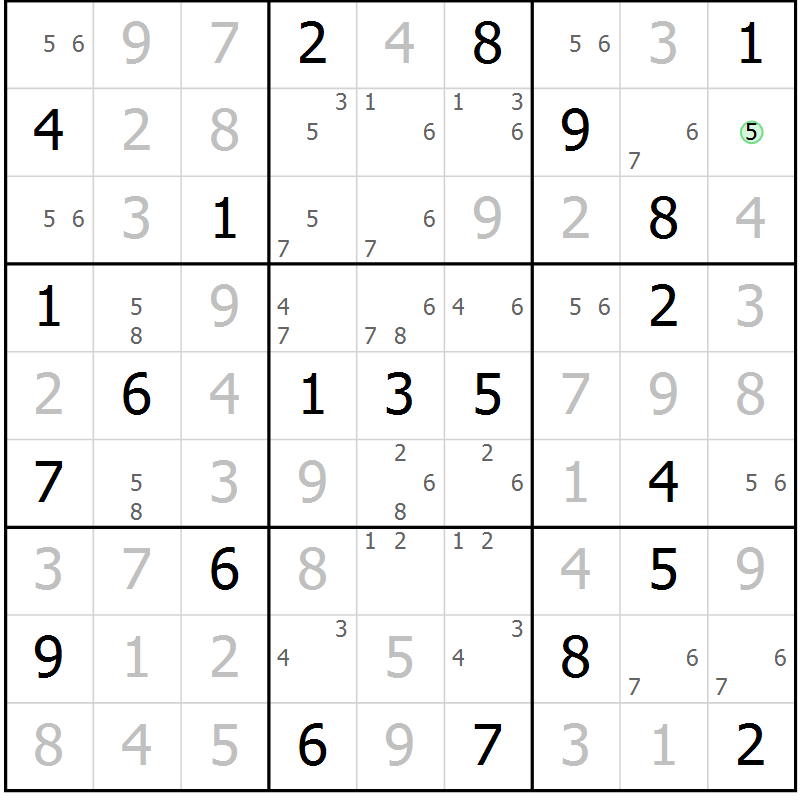 Position des candidats pour la solution de la Gr 18 page 21 du magazine de sudoku Virtuose n° 125
