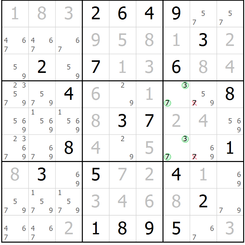 Position des candidats pour la solution de la Gr 2 page 5 du magazine de sudoku Virtuose n° 125