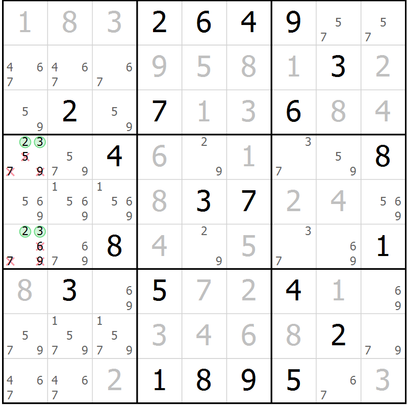 Position des candidats pour la solution de la Gr 2 page 5 du magazine de sudoku Virtuose n° 125