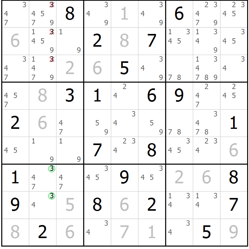 Position des candidats pour la solution de la Gr 22 page 25 du magazine de sudoku Virtuose n° 125