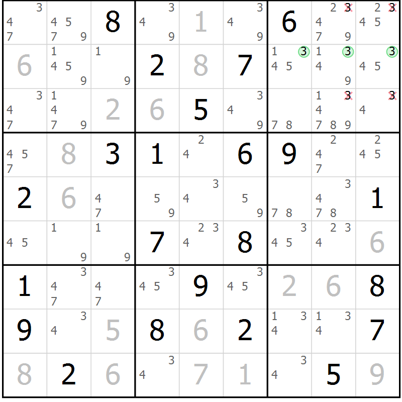 Position des candidats pour la solution de la Gr 22 page 25 du magazine de sudoku Virtuose n° 125