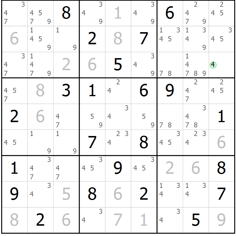 Position des candidats pour la solution de la Gr 22 page 25 du magazine de sudoku Virtuose n° 125
