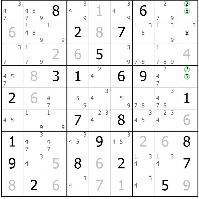 Position des candidats pour la solution de la Gr 22 page 25 du magazine de sudoku Virtuose n° 125