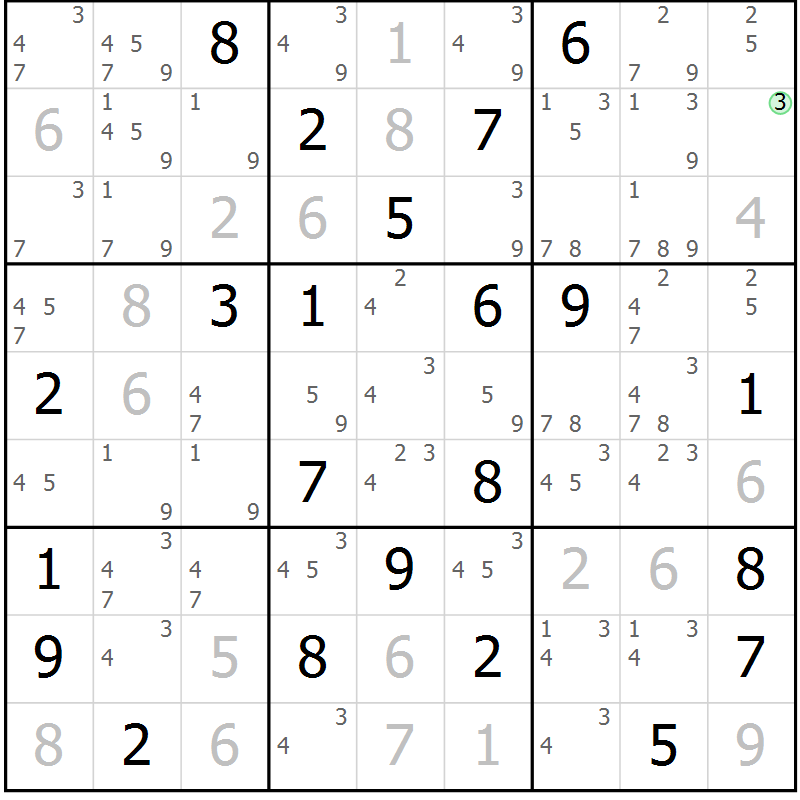 Position des candidats pour la solution de la Gr 22 page 25 du magazine de sudoku Virtuose n° 125
