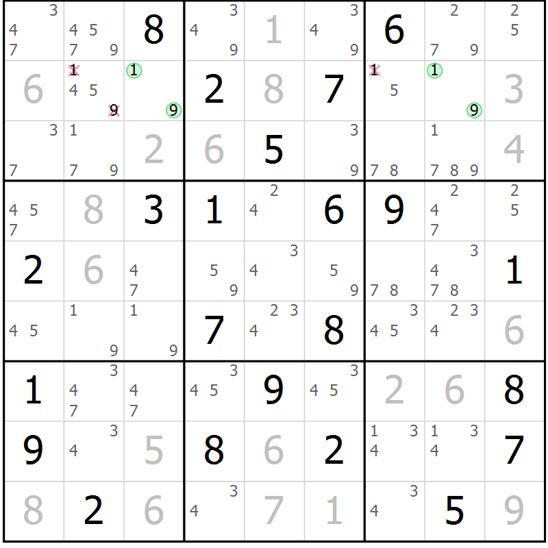 Position des candidats pour la solution de la Gr 22 page 25 du magazine de sudoku Virtuose n° 125