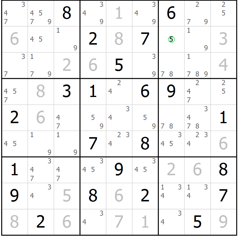 Position des candidats pour la solution de la Gr 22 page 25 du magazine de sudoku Virtuose n° 125