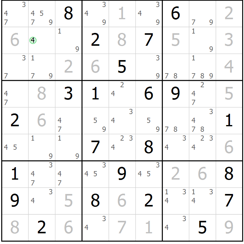 Position des candidats pour la solution de la Gr 22 page 25 du magazine de sudoku Virtuose n° 125