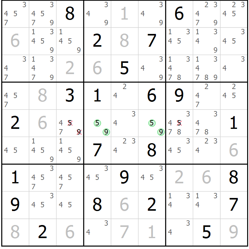 Position des candidats pour la solution de la Gr 22 page 25 du magazine de sudoku Virtuose n° 125