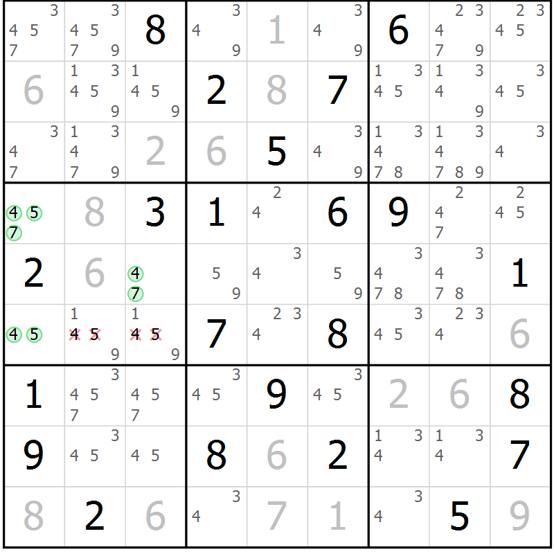 Position des candidats pour la solution de la Gr 22 page 25 du magazine de sudoku Virtuose n° 125