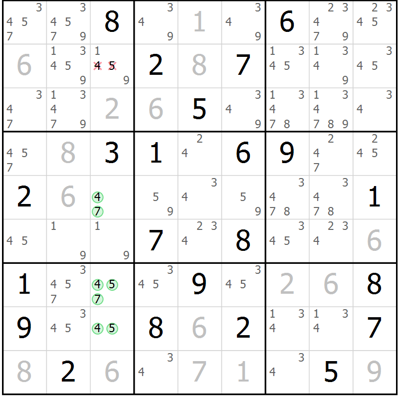 Position des candidats pour la solution de la Gr 22 page 25 du magazine de sudoku Virtuose n° 125