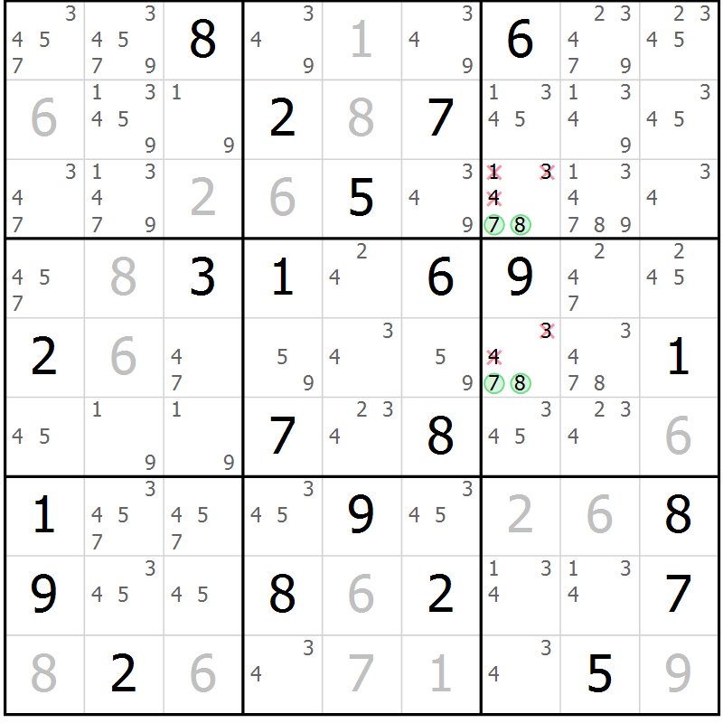 Position des candidats pour la solution de la Gr 22 page 25 du magazine de sudoku Virtuose n° 125