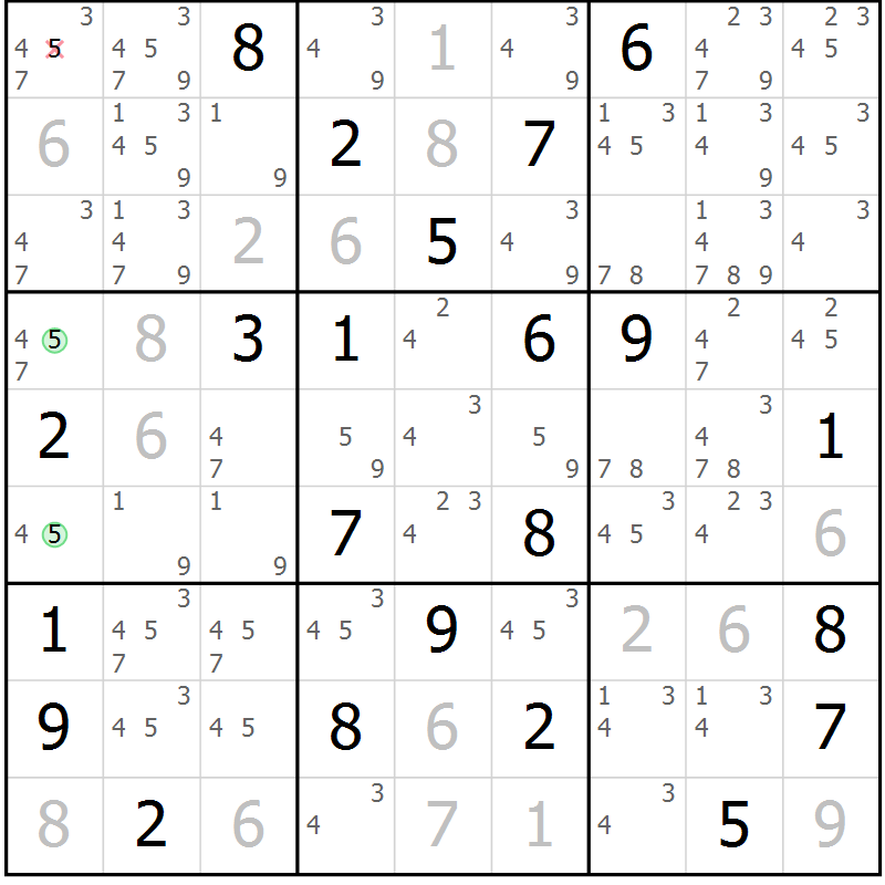 Position des candidats pour la solution de la Gr 22 page 25 du magazine de sudoku Virtuose n° 125
