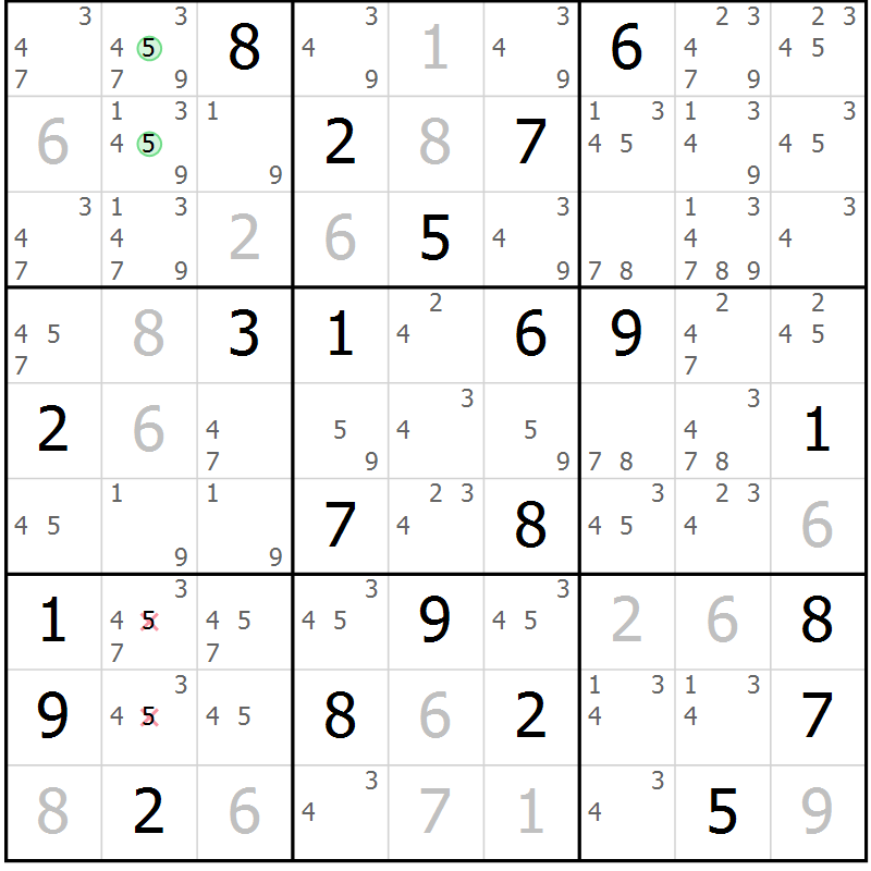 Position des candidats pour la solution de la Gr 22 page 25 du magazine de sudoku Virtuose n° 125