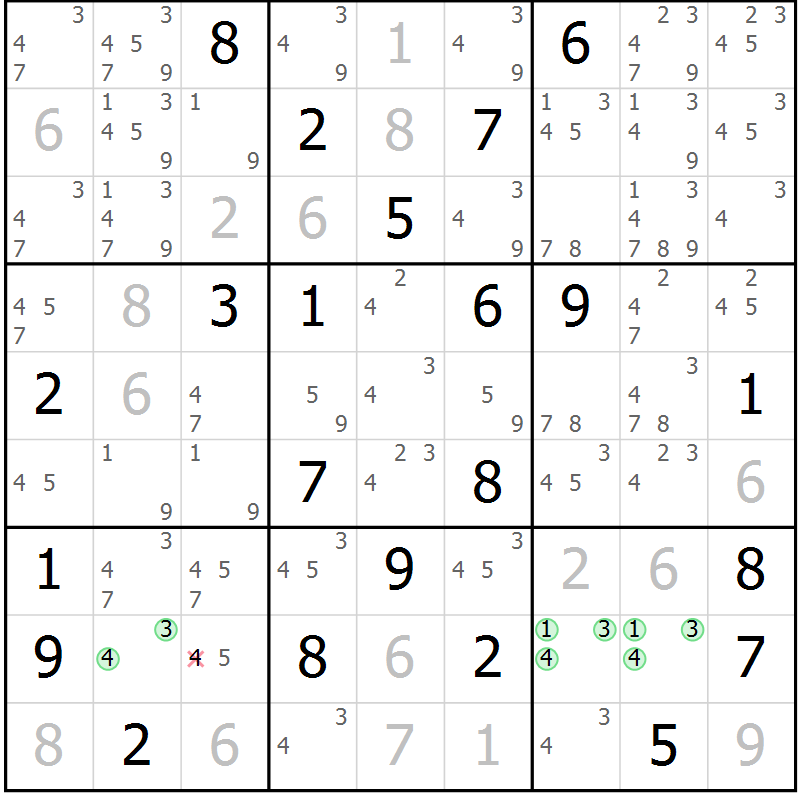 Position des candidats pour la solution de la Gr 22 page 25 du magazine de sudoku Virtuose n° 125