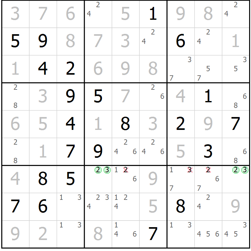 Position des candidats pour la solution de la Gr 23 page 26 du magazine de sudoku Virtuose n° 125