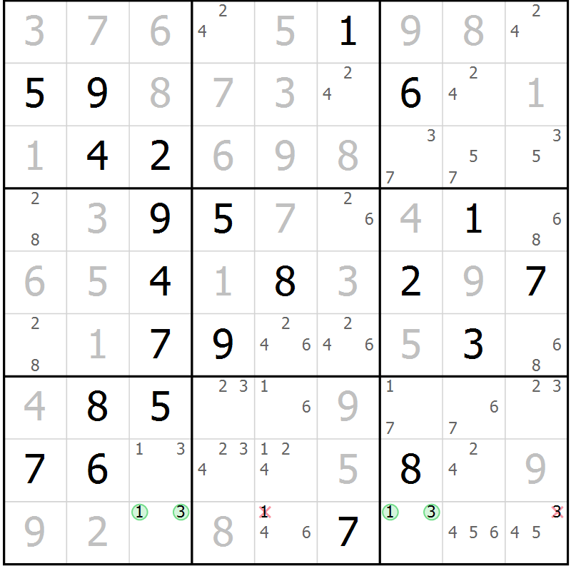 Position des candidats pour la solution de la Gr 23 page 26 du magazine de sudoku Virtuose n° 125