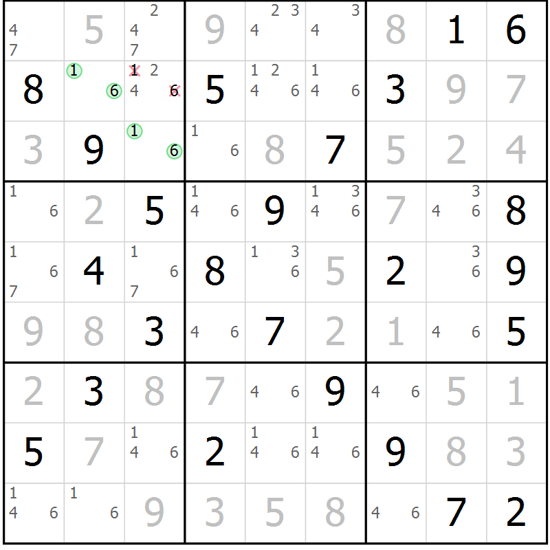 Position des candidats pour la solution de la Gr 24 page 27 du magazine de sudoku Virtuose n° 125